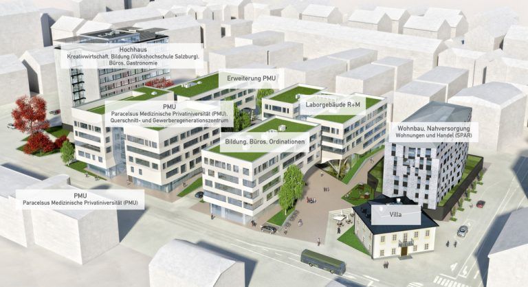 Competence Park Salzburg. Ein urbanes Stadtquartier mit Fokus auf Life Sciences, Kreativwirtschaft und Bildung.» Lage: Gaswerkgasse/Strubergasse/ Roseggerstraße, Salzburg» Infrastruktur: Seminarräumlichkeiten, Gastronomie, Nahversorger, Tiefgarage» Grundstücksfläche: 19.000 m2» Nutzfläche: 29.000 m2» Fertigstellung: Frühjahr 2014» Investitionssumme: 75 Millionen Euro