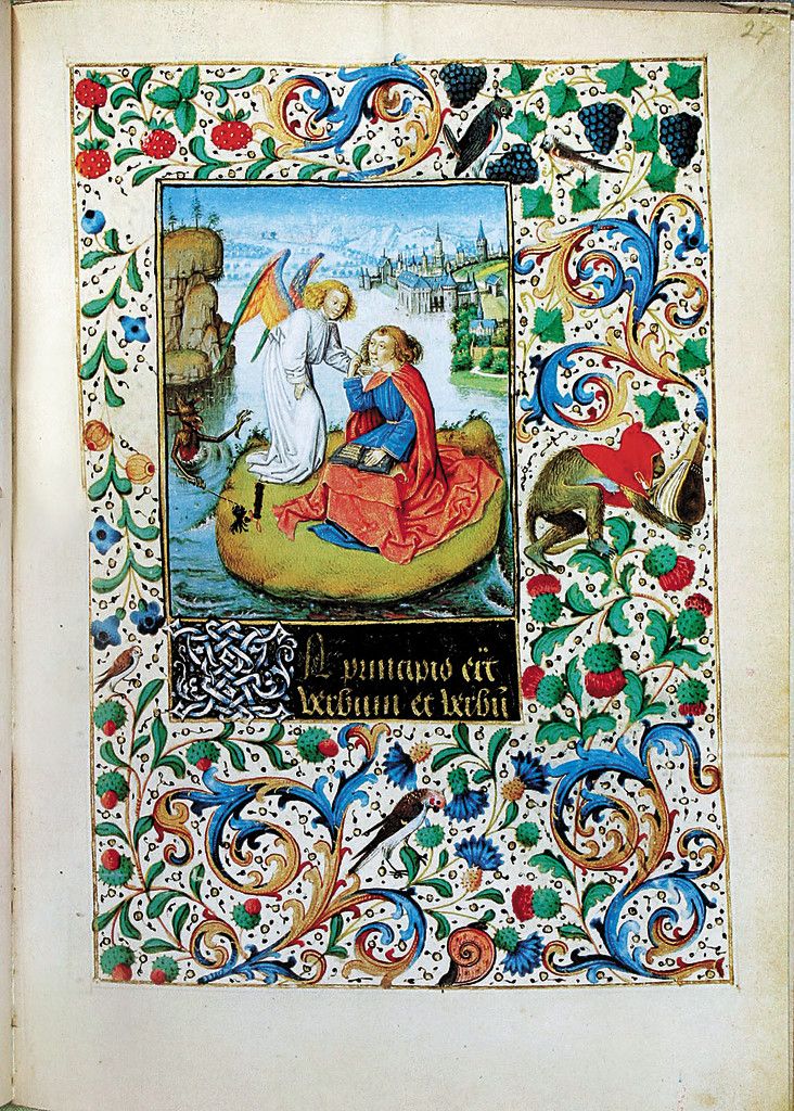 Das Stundenbuch aus 1477 zeigt den Evangelisten Johannes auf der Insel Patmos.
