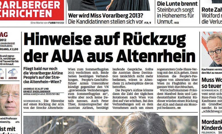 Die VN berichteten bereits am 15. Dezember 2012 über das bevorstehende Aus der AUA in Altenrhein.