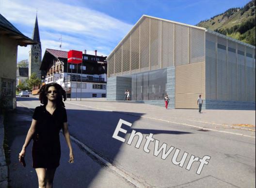 Entwurf der Dornbirner Architekten NägeleWaibel für den ersten MPreis-Markt in Vorarlberg in der Kleinwalsertaler Gemeinde Mittelberg.