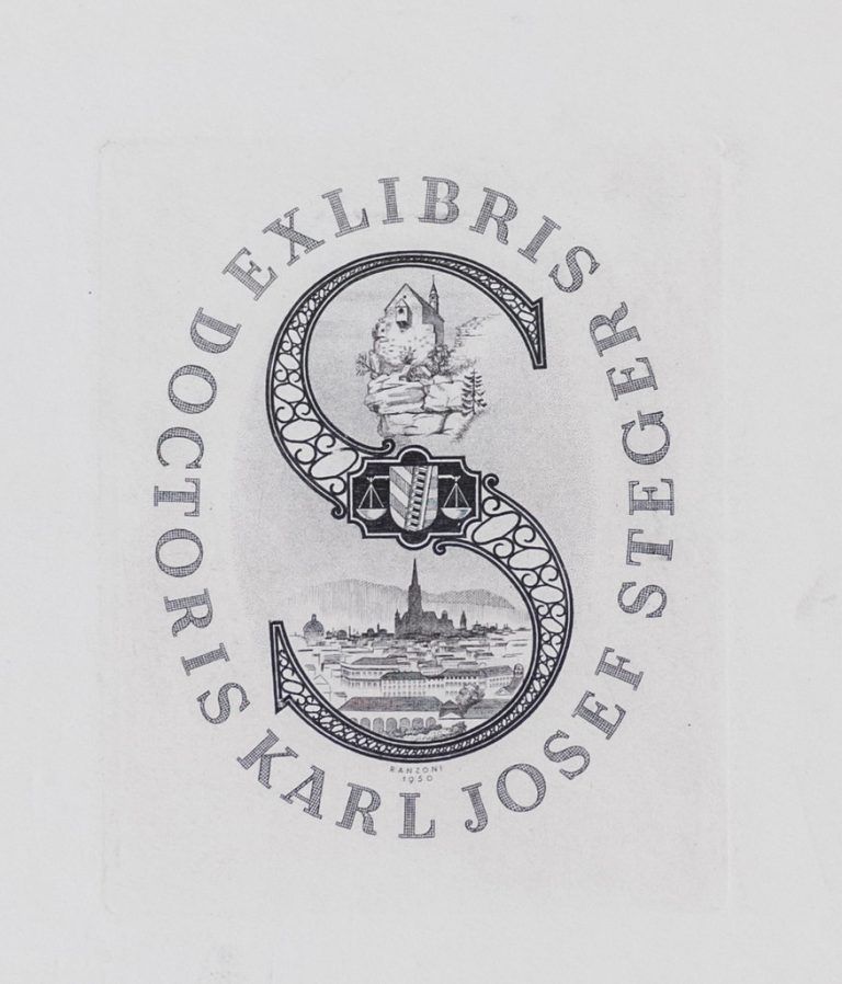 Kunstvoll gestaltetes „Ex libris“ (aus den Büchern von . . .).