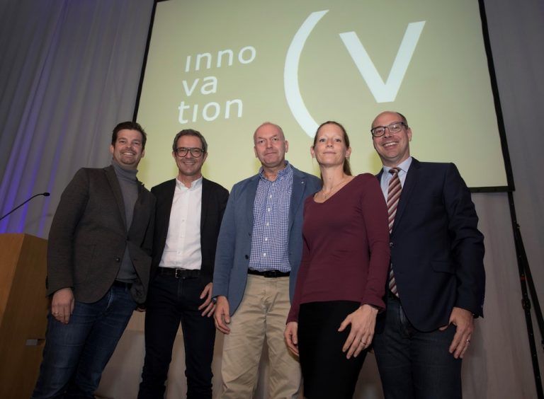 Mathias Burtscher (IV), Prisma-Chef Bernhard Ölz, Referent Jens Schumacher, Katharina Linhart, Wisto, Stefan Fitz-Rankl, FHV (v.l.).