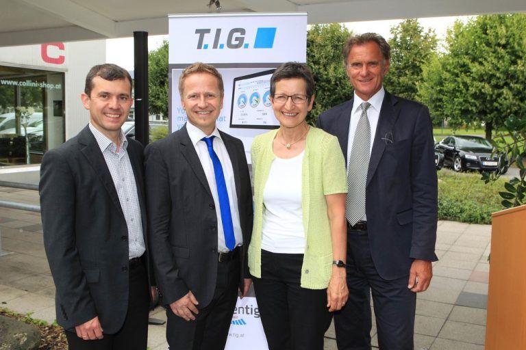 Bgm. Martin Summer, Gastgeber Wolfgang Frohner, LR Greti Schmid und WKV-Präsident Manfred Rein. Fotos: Meusburger