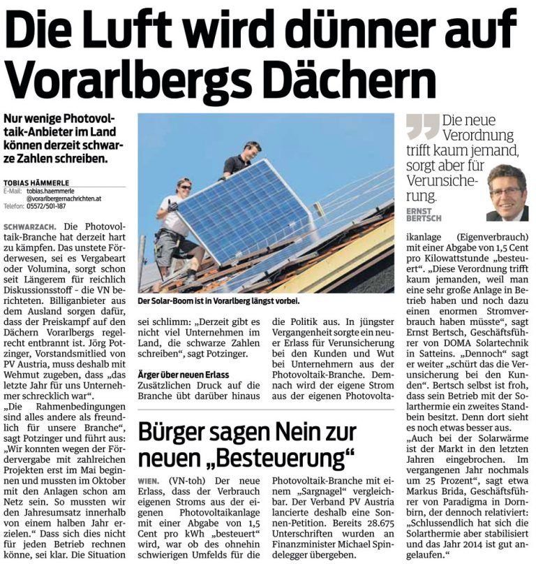 Die VN berichteten am 15. April über die Situation in der Solar-Branche.