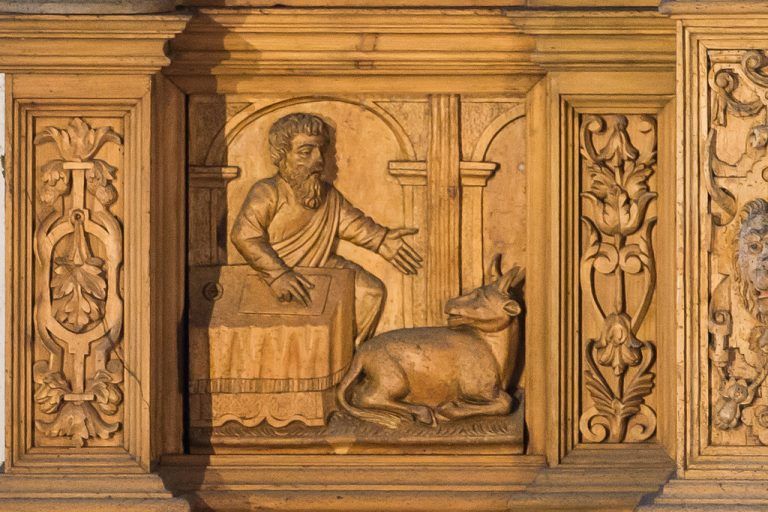 Evangelist Lukaswird traditionell der Verfasser des Lukasevangeliums und der Apostelgeschichte im Neuen Testament der Bibel bezeichnet. Die Abfassungszeit ist umstritten (zwischen 60 und 85). Dargestellt wird er mit einem Stier, der als Opfertier galt.