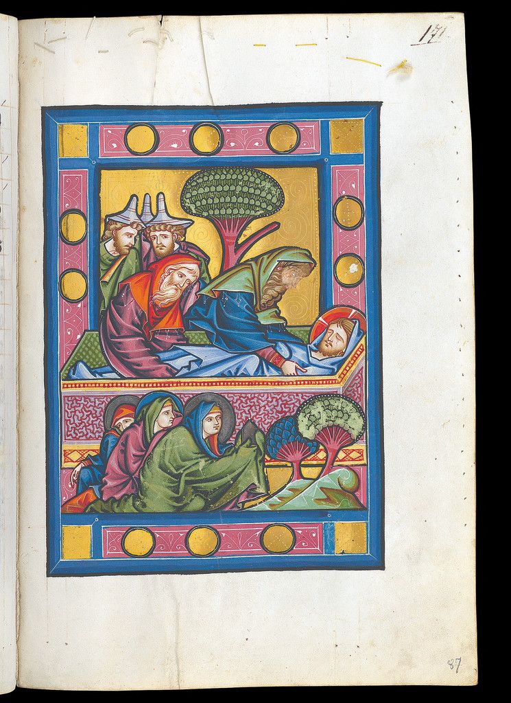 Die Grablegung Christi und seine Auferstehung zeigen zwei Buchmalereien aus dem 13. Jahrhundert. Der sogenannte „Rheinauer Psalter“ zählt zu den ganz großen Schätzen der Zentralbibliothek Zürich. Die Buchminiaturen „bewegen sich auf dem höchstmöglichen künstlerischen Niveau der hochgotischen Malerei der Zeit um 1260“, so die Bibliothekare. Der Auftraggeber dürfte im Bodenseegebiet daheim gewesen sein, vermutlich in der politisch und kirchenpolitisch bedeutenden Stadt Konstanz. 1817 hat Pater Blasius Hauntinger die Handschrift für das Benediktinerkloster Rheinau bei Melchior Kirchhofer in Schaffhausen erworben. Nach der liberalen Neuordnung des Kantons wurde das Kloster 1834 unter kantonale Aufsicht gestellt und 1863 aufgelöst. Der „Rheinauer Psalter“ ging mit der ganzen Klosterbibliothek in den Besitz der Kantonsbibliothek Zürich über.