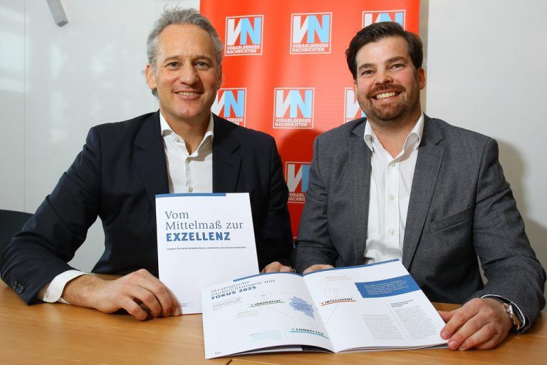 IV-Präsident Martin Ohneberg und IV-Geschäftsführer Mathias Burtscher freuen sich über das Feedback. Foto: VN/Hofmeister