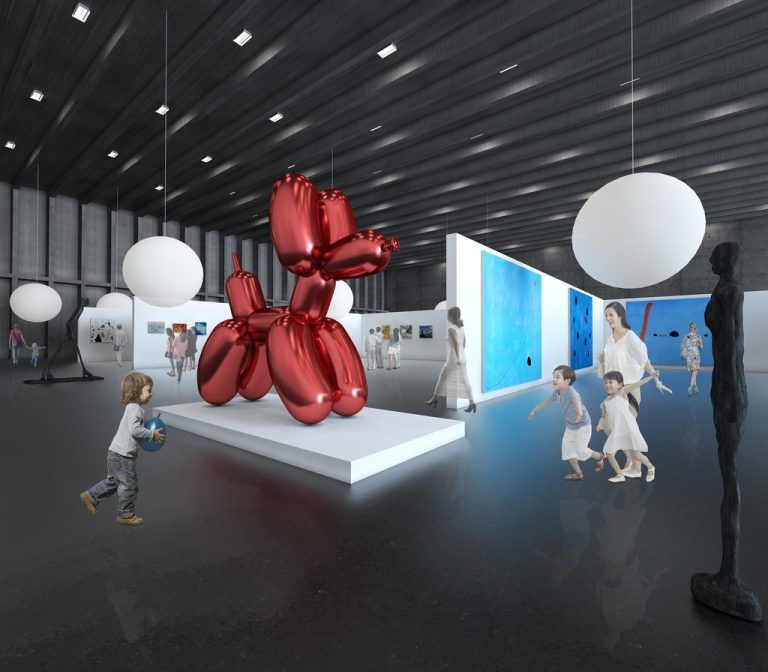 Jeff Koons’ roter Hund gehört nicht zur Ausstattung, aber das Rundum kommt dem Endergebnis der neuen Messehalle schon sehr nah. MarteMarte