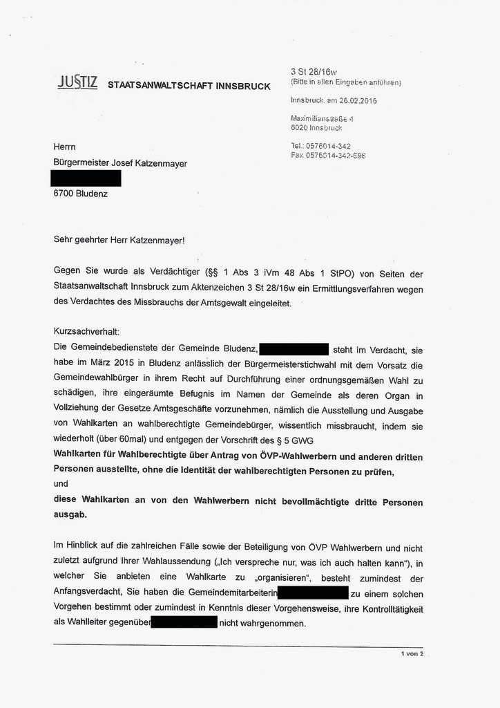 Wahlwiederholung Bludenz: Ermittlungen gegen Bludenzer Stadtchef Katzenmayer.