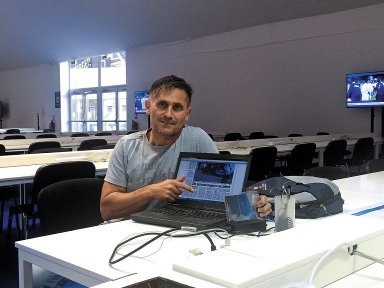 Die Ruhe vor dem Sturm. Im Mediacenter von Nizza war einen Tag vor dem EM-Start kaum Betrieb. Foto: Privat