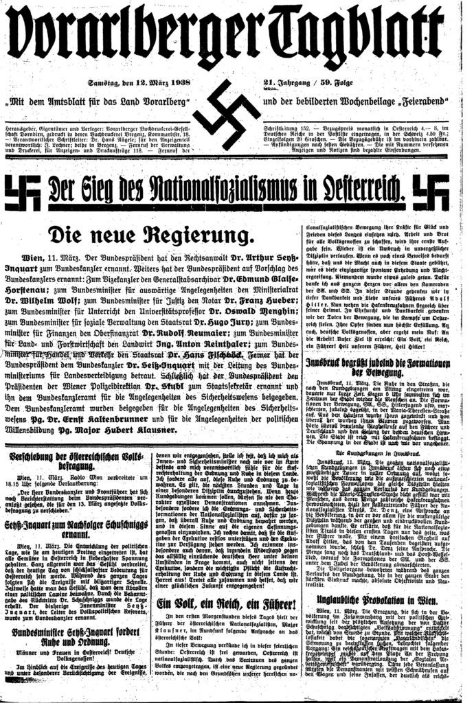 Bereits am 12. März verwendet das Vorarlberger Tagblatt das Hakenkreuz in ihrer Zeitung und begrüßt die Machtübernahme der Nationalsozialisten. Anno