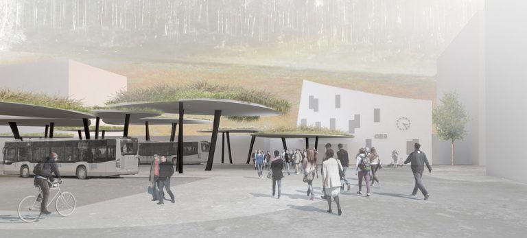 Die sogenannten schwebenden Gärten von Feldkirch überdachen den Bahnhofsvorplatz. Foto: Future Bauart