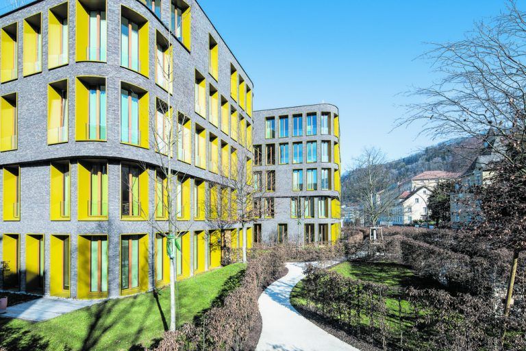 Ein kleiner, fein durchwegter Park bildet eine Barriere zwischen viel befahrener Straße und den zwei ganz zum See hin orientierten Häusern des Bregenzer „Seegartens“, deren Baumassen raffiniert durch abgerundete Ecken verschlankt werden.