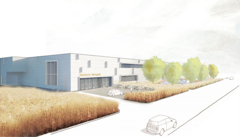 Eine moderne Großbäckerei baut Mangold im neuen Dornbirner Betriebsgebiet Pfeller. Bild: Bechter Architektur+Design, Thomas Mennel