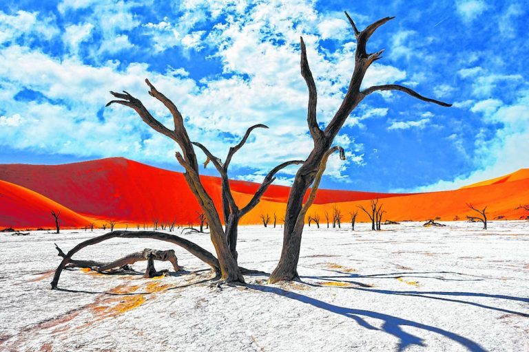 Faszinierende Kombination aus roten Dünen, weißem Salz und blauem Himmel: das Sossusvlei in der Wüste Namib.