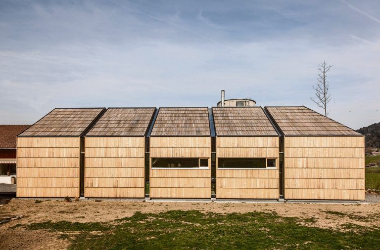 Gliedern Auf der Südwestseite ziehen sich vier Glasstreifen über Dach und Wand. Sie überdecken die Abstände zwischen den doppelt angeordneten Holzbindern. Der stattliche Baukörper wirkt dadurch aufgelockert und bleibt angenehm dimensioniert.