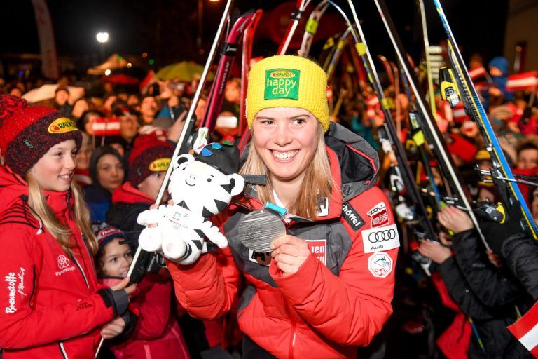 Großer Empfang für Silbermedaillen-Gewinnerin Katharina Liensberger in ihrer Heimatgemeinde Göfis.GEPA