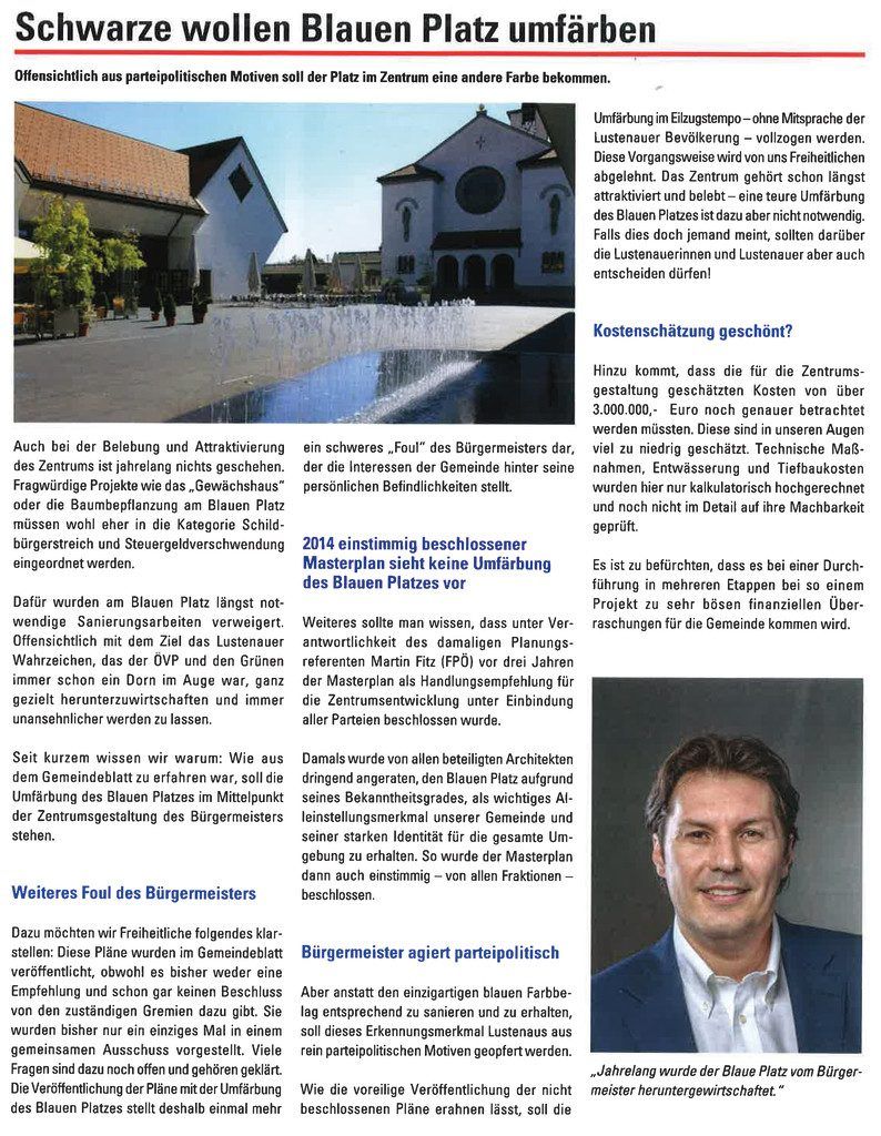 Lustenauer Kirchplatz soll beige werden, für die FPÖ ist das ein „parteipolitischer Akt“.