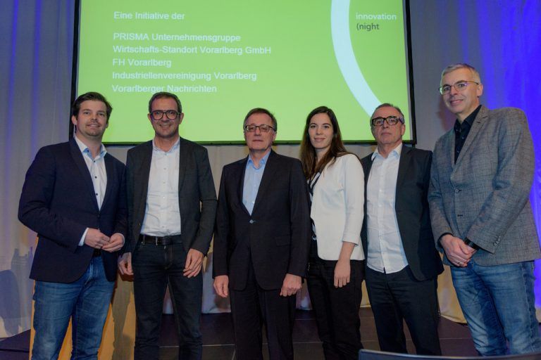 Mathias Burtscher (IV), Bernhard Ölz, Prisma, Referent Prof. Wilhelm Bauer, Manuela de Pretis, WISTO, Gerard Hann, russmedia, Markus Ilg, FH Vorarlberg (v.l.).