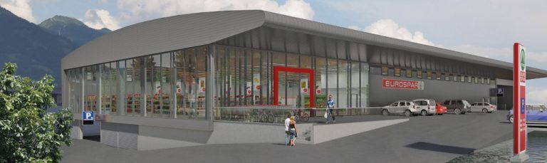 Nach knapp sechs Jahren Planung wird Ende Juni der neue Eurospar Frastanz eröffnet. Rendering: Strieder