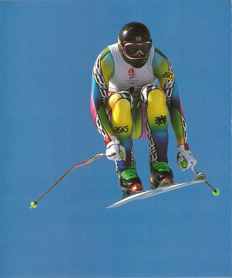 Patrick Ortlieb am 9. Februar 1992 auf der Piste La face de Bellevarde in Val-d’Isère auf dem Weg zur Olympischen Goldmedaille in der Herrenabfahrt.Südwest Verlag