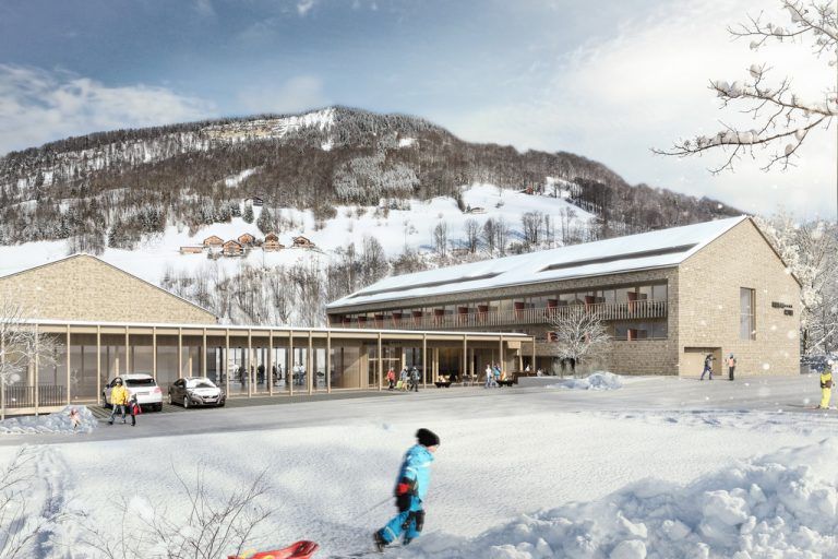 So soll es aussehen, das neue Hotel. Hier der Blick von der Talstation der Mellaubahn zum Eingang. Bauherrschaft, Fam. Frick