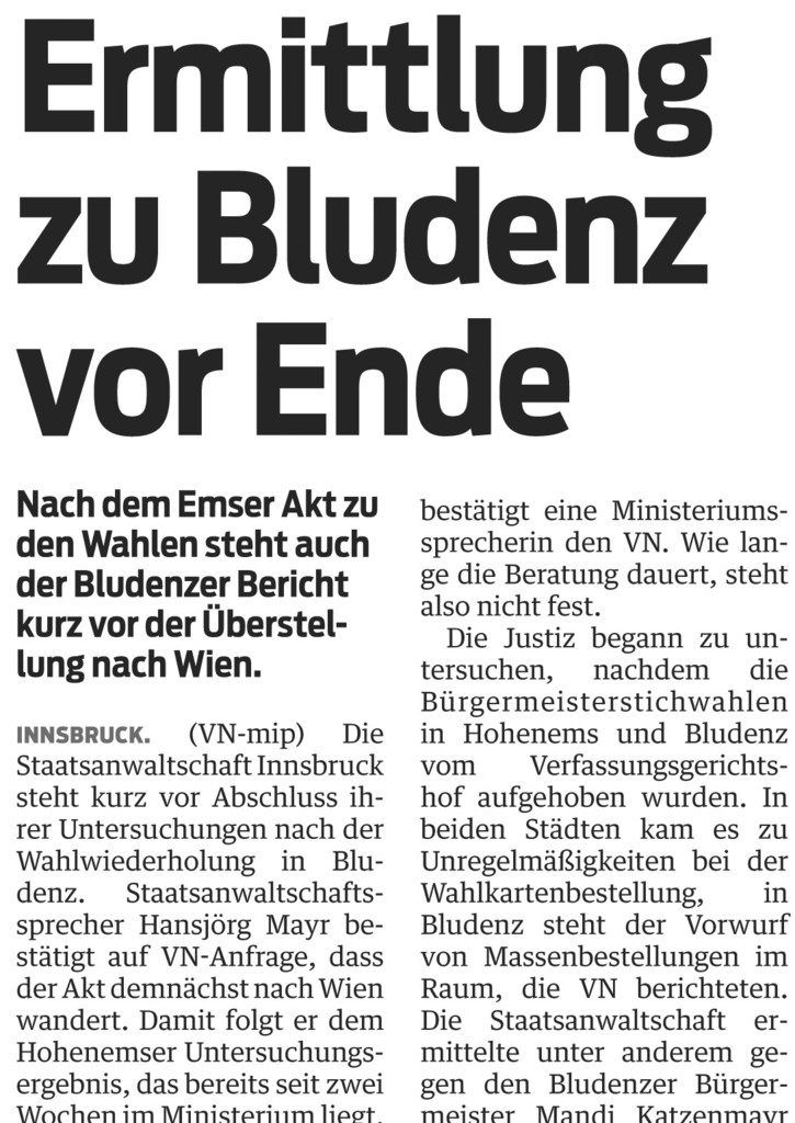 Ermittlungsakt zu Bludenz liegt im Justizministerium. Noch keine Entscheidung für Ems.