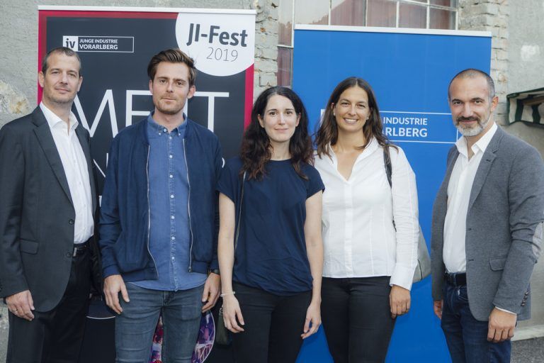 JI-Bundes-GF Martin Amor, Laurenz Sagmeister (Breganzia), Anna Hilti (Hilti & Jehle), Vorsitzende Katharina Rhomberg und JI-Bundesvorsitzender Andreas Wimmer.