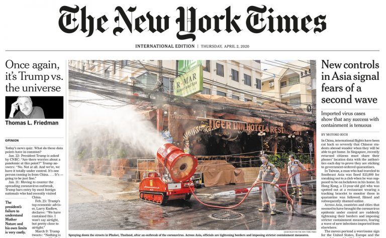 New York Times, Ausgabe 2. April, mit LUF auf dem Titel.
