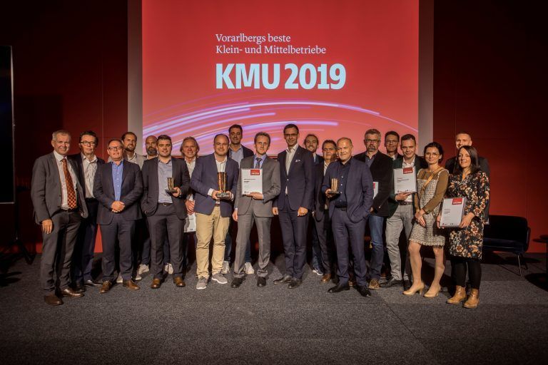 Die Gewinner der KMU-Preise 2019. Wer sich noch bis einschließlich Montag anmeldet, hat große Chancen auf einen Platz auf der Bühne. VN/Paulitsch