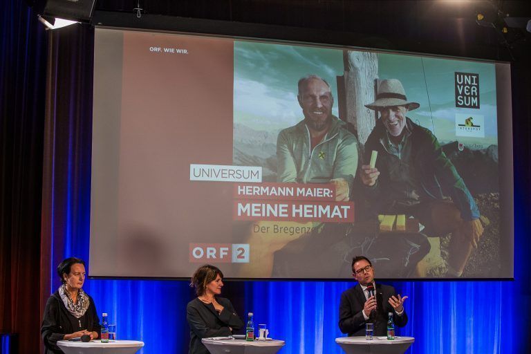 ORF-Landesdirektor Markus Klement lud zur Präsentation ins Landesfunkhaus. Mit dabei waren auch Regisseurin Andrea Albrecht (M.) und Herlinde Moosbrugger, GF des Bregenzerwald Tourismus.