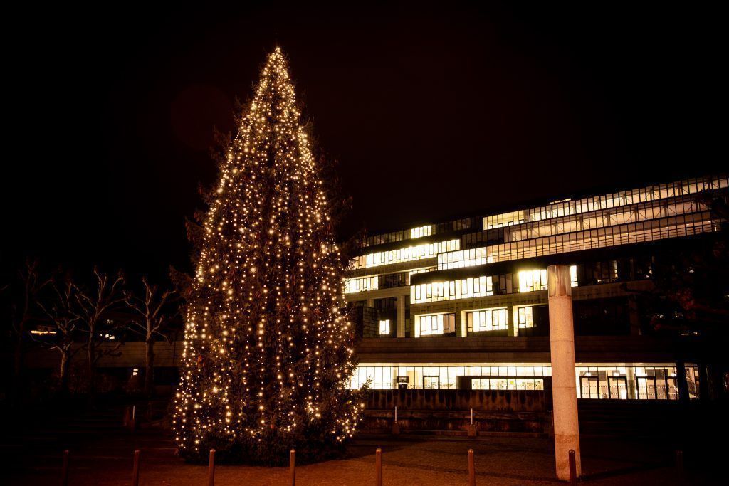Weihnachtsbaum vor dem Landhaus leuchet