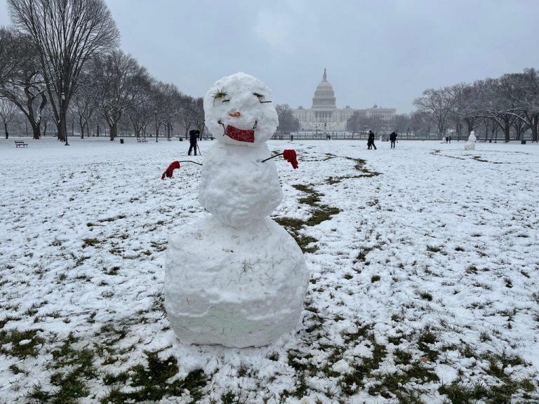 Ein Schneemann mit Gesichtsmaske ist auf der National Mall vor dem Kapitol in Washington DC zu sehen. AFP
