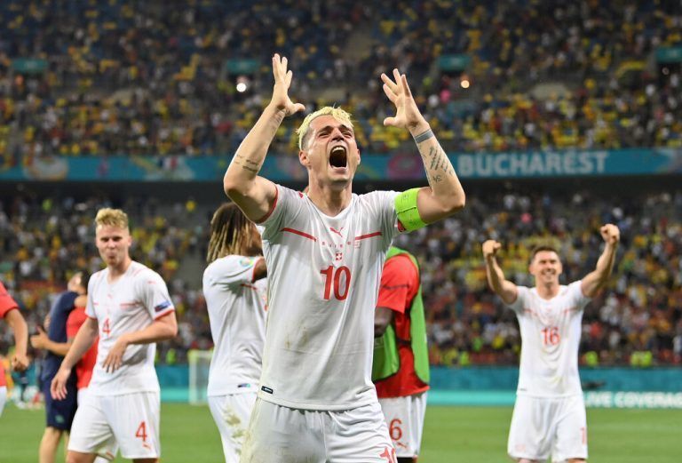 Soccer Football - Euro 2020 - Round of 16 - France v Switzerland - National Arena Bucharest, Bucharest, Romania - June 29, 2021 Switzerland's Granit Xhaka celebrates after the match Pool via REUTERS/Justin Setterfield