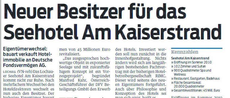 12. Juli 2012 Der Projektentwickler BauArt verkauft die Hotelimmobilie an eine Tochtergesellschaft der DFV Deutsche Fondsvermögen AG. Über den Kaufpreis wurde - wie so oft üblich - Stillschweigen vereinbart. Anleger können sich am Kaiserstrand-Fonds beteiligen.