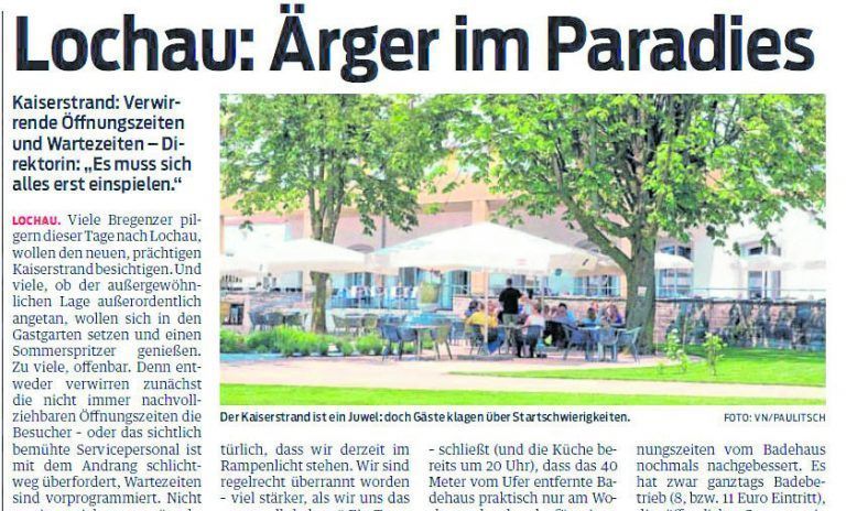 17. Juli 2010 Nach der Eröffnung des Seehotels gab es immer wieder Ärger. Kritisiert wurden die Wartezeiten und die Öffnungszeiten der Gastronomie. So schloss die Küche um 20 Uhr, der Gastgarten um 21 Uhr mitten im Sonnenuntergang.