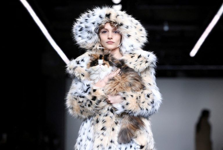 Auf der Yuhan Wang Show im Rahmen der London Fashion Week läuft ein Model mit einer Katze über den Laufsteg. Reuters