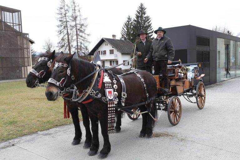 Hector und Samira mit den Kutschern Gerhard Metzler und Elmar Ludescher.