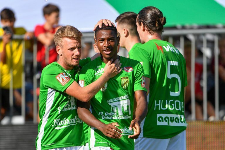 LUSTENAU,AUSTRIA,11.SEP.21 - SOCCER - ADMIRAL 2. Liga, SC Austria Lustenau vs SKU Amstetten. Image shows the rejoicing of Pius Grabher, Bryan Silva Teixeira and Jean Hugonet (A.Lustenau). Photo: GEPA pictures/ Oliver Lerch
