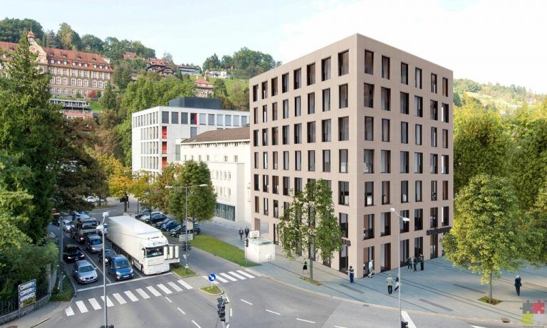 Es ist das erste „office ZERO“- Gebäude mit Wärmepumpe (Erdsonden) und Photovoltaikanlage auf dem Dach. Visualisierung/Rhomberg Gruppe