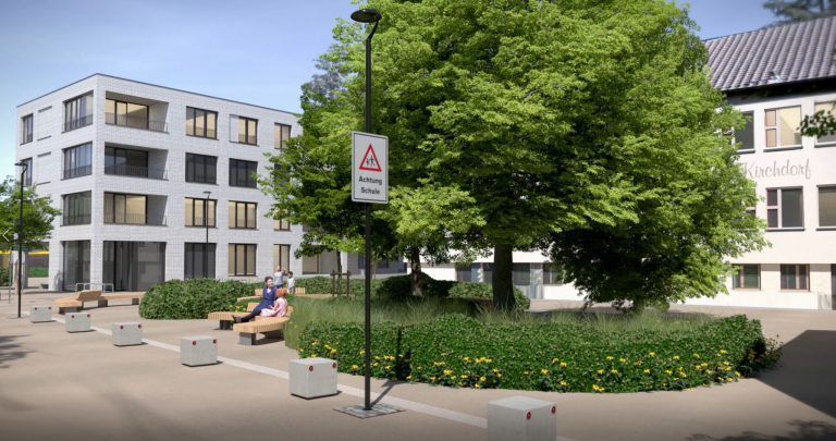 So soll sie im Idealzustand einmal aussehen, die Begegnungszone vor der altehrwürdigen Hauptschule. <span class="copyright">Rendering Zero Dvision</span>