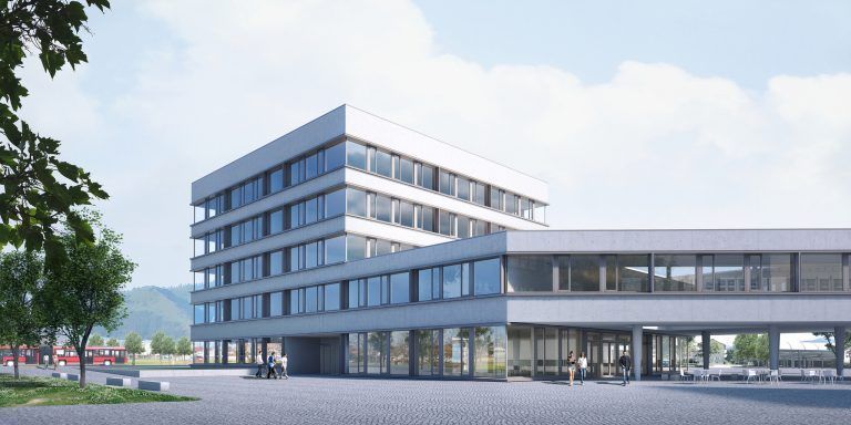 So soll das Sportgymnasium nach der Fertigstellung von außen ausschauen. Im ersten Quartal 2023 soll es fertig sein. <span class="copyright">Visualisierung Hackl/Klammer</span>