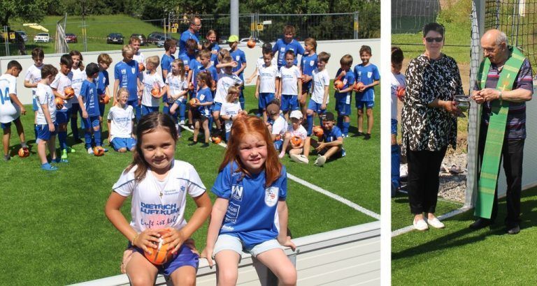 Sophia (l.) und Amalie sind wie die vielen anderen Kids begeistert vom Soccer-Court, für den Pfarrer Trentinaglia Gottes Segen erbat.
