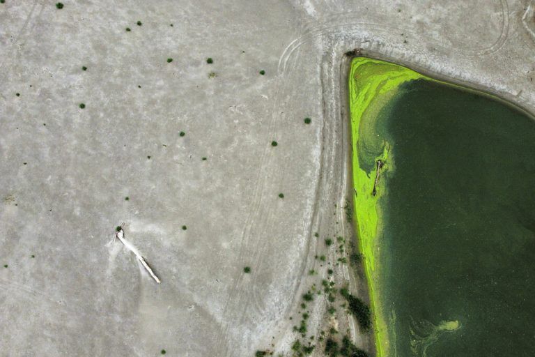 Eine Luftaufnahme zeigt das fast ausgetrocknete Flussbett des Po, der unter der schlimmsten Dürre seit 70 Jahren leidet, in der Nähe von Borgo Virgilio, Italien. REUTERS/Scalzo