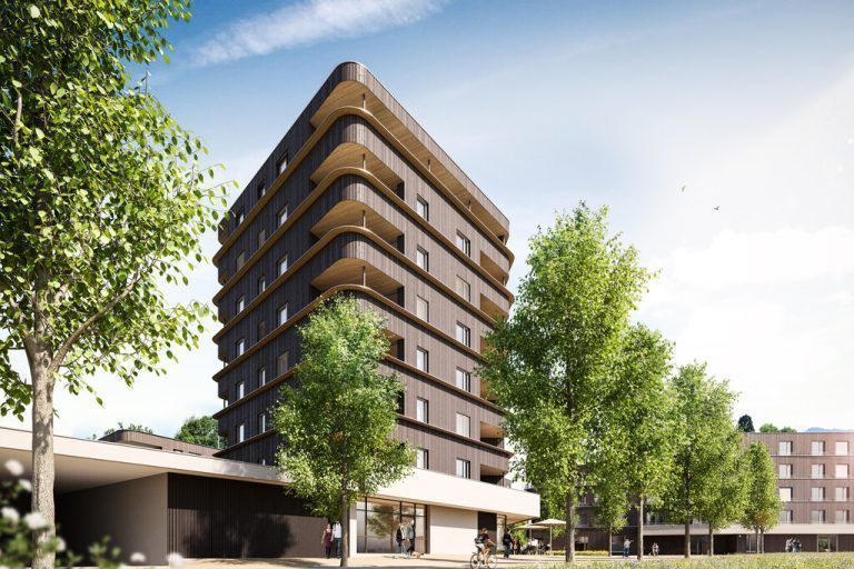 Im Lustenauer Rheindorf entsteht ein achtstöckiges Holzwohnhaus.