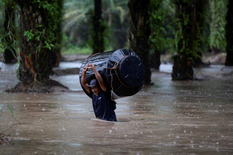 Tropensturm Julia mit Folgen: In Progreso, Honduras, trägt ein Mann einen leeren Wassertank durch eine völlig überflutete Gegend. Reuters