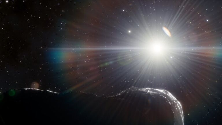Künstlerische Darstellung des Asteroiden 2022 AP7. 
              
              DOE/FNAL/DECam/CTIO/NOIRLab/NSF/AURA/J. da Silva/Spaceengine