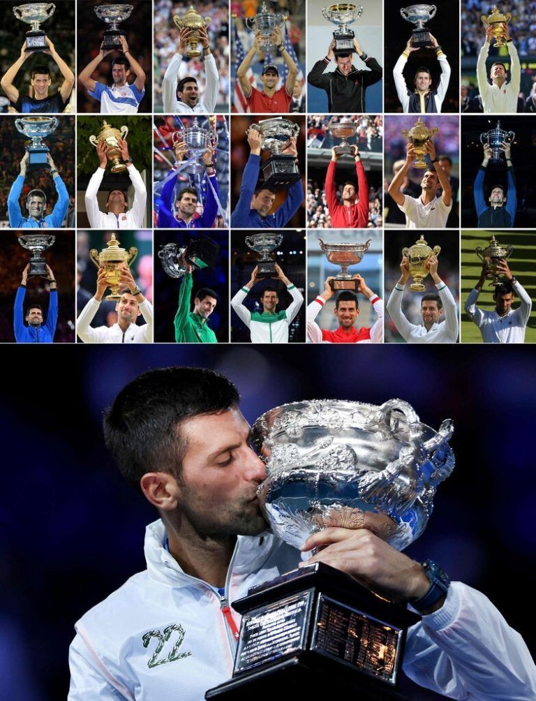 Bei der Siegerehrung trug Novak Djokovic bereits die Jacke mit der Aufschrift 22 für seinen 22. Titelgewinn bei einem Majorturnier.AFP