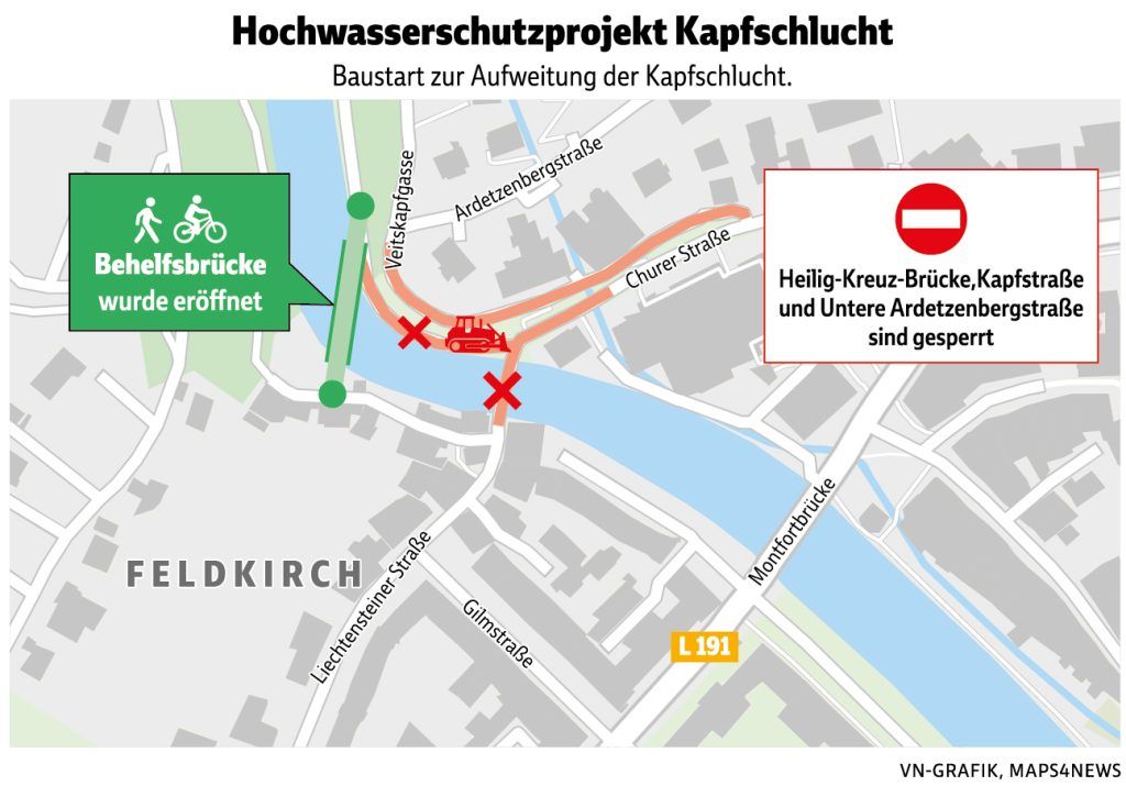 Kapfschlucht-Aufweitung: Heilig-Kreuz-Brücke gesperrt, neue Behelfsbrücke eröffnet