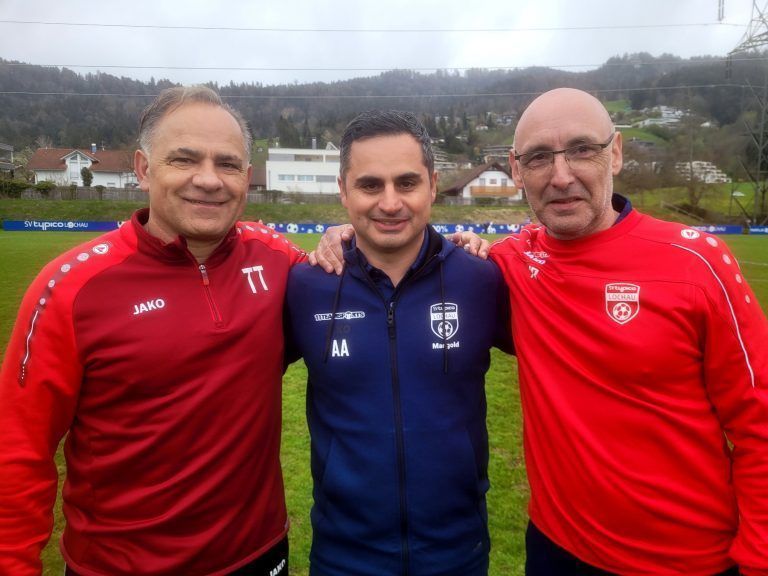 Das neue Trainerteam des SV typico Lochau: Tormanntrainer Hanno Trotter, Cheftrainer Aydin Akdeniz und Co-Trainer Marco Bologna.